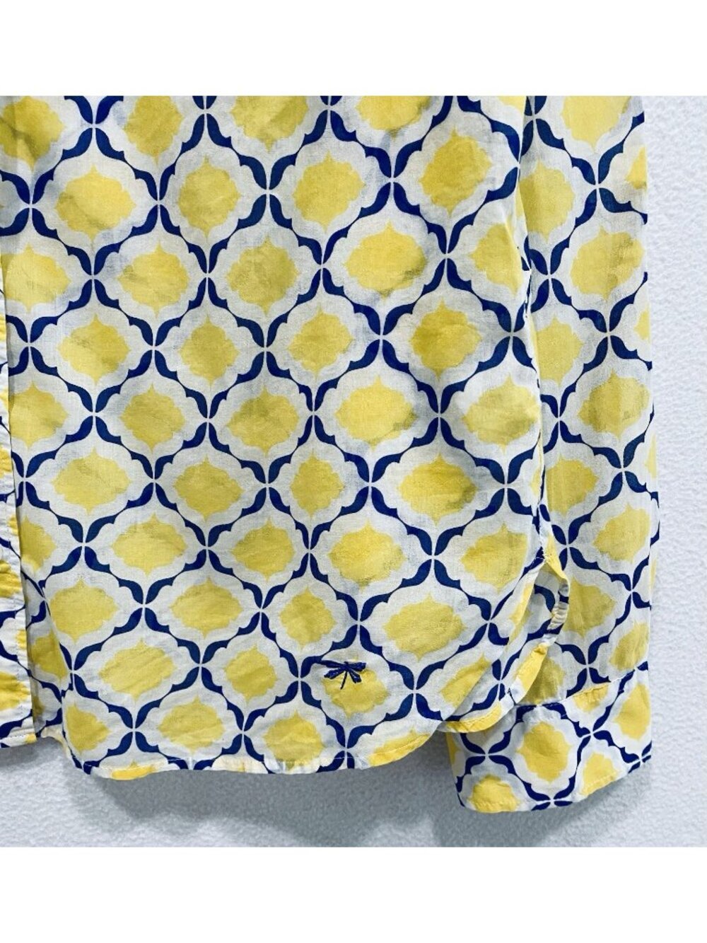 Talbots Top Womens 14 Yellow Blue Boho Print Lightweight Button Up Cotton Beachy - Picture 4 of 8